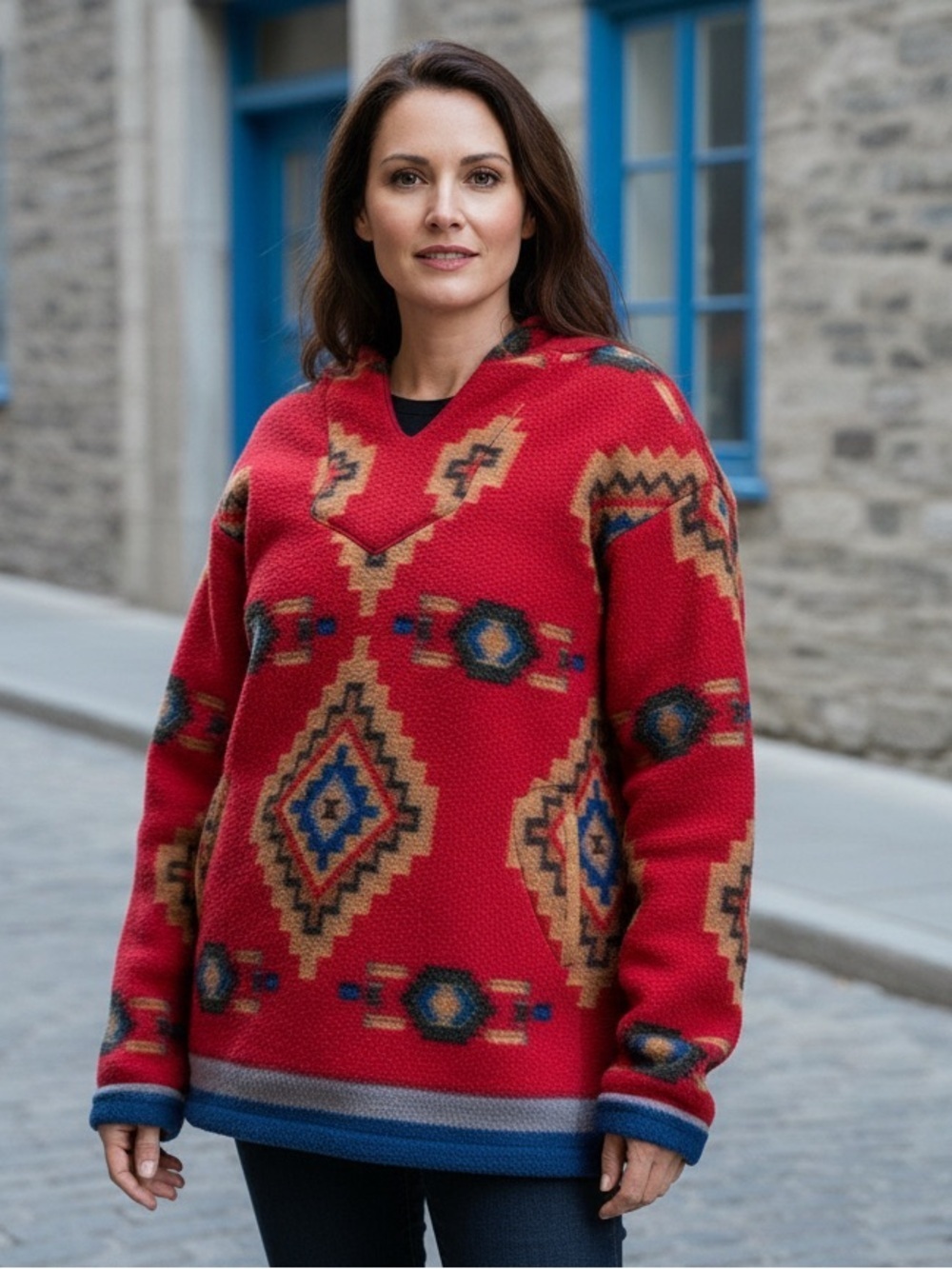 Bold Southwestern Inspired Geometric Navajo Red Sweater With Side Pockets